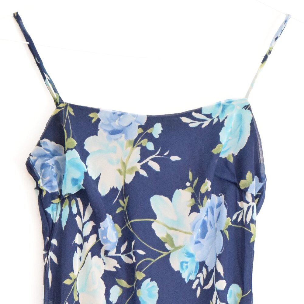 BE SMART Vintage Navy Blue Flowy Chiffon Floral High Low Maxi Dress | Size S - Picture 4 of 10
